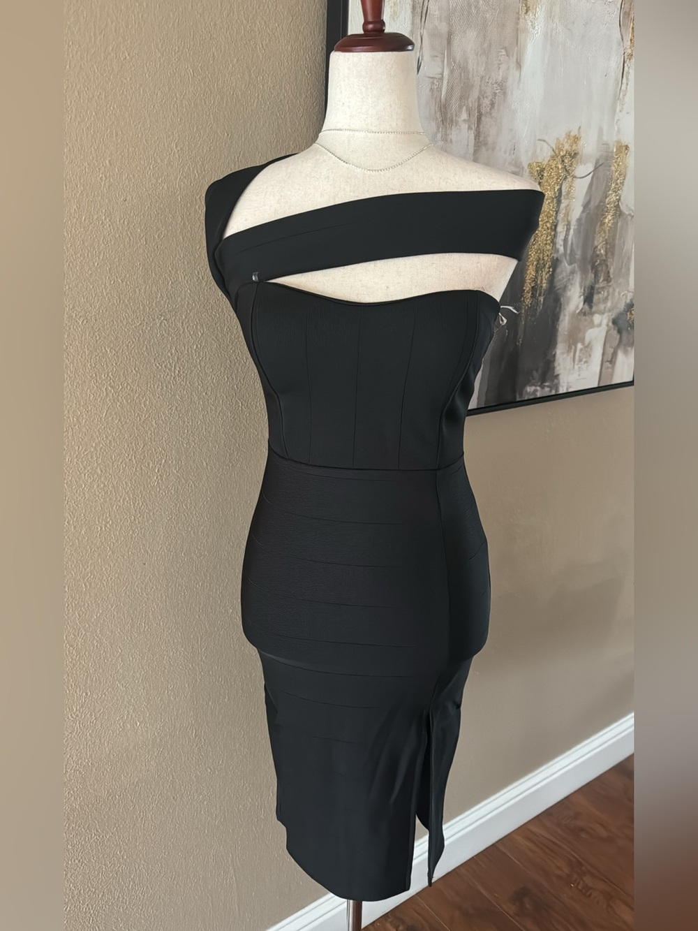 One-Shoulder Black Bandage Cutout Midi Dress